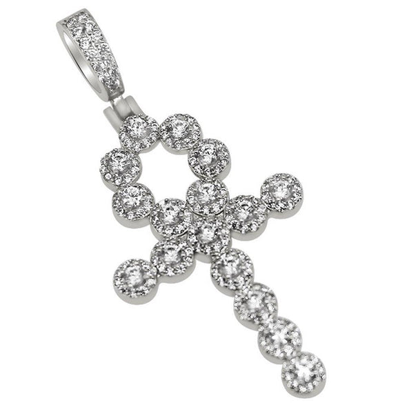 Skinny Cluster Ankh Cross CZ Bling Bling Pendant in Rhodium