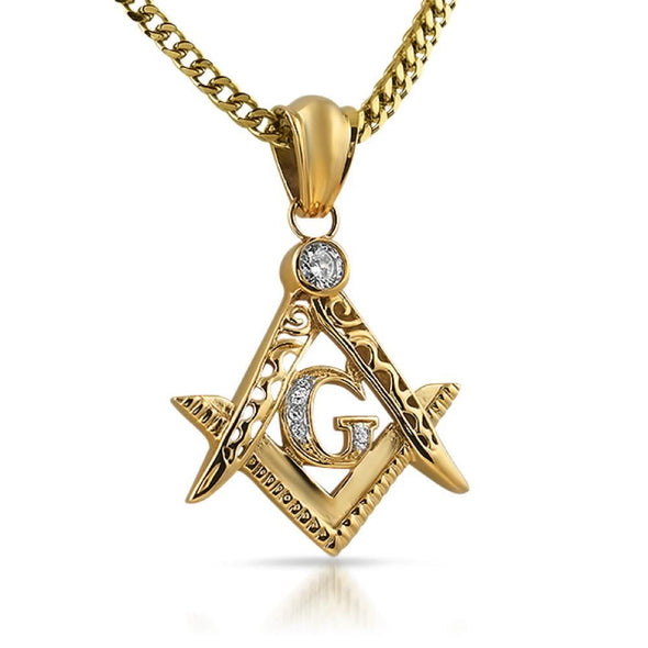 Gold Masonic CZ Stainless Steel Pendant