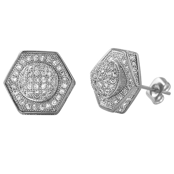 3D Domed Hexagon Micro Pave CZ Bling Bling Earrings